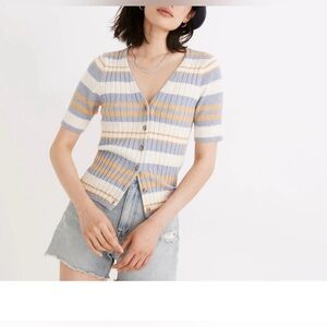 Women’s MADEWELL Glencrest Button V Neck Ribbed Blue Cream Sweater Casual Large.